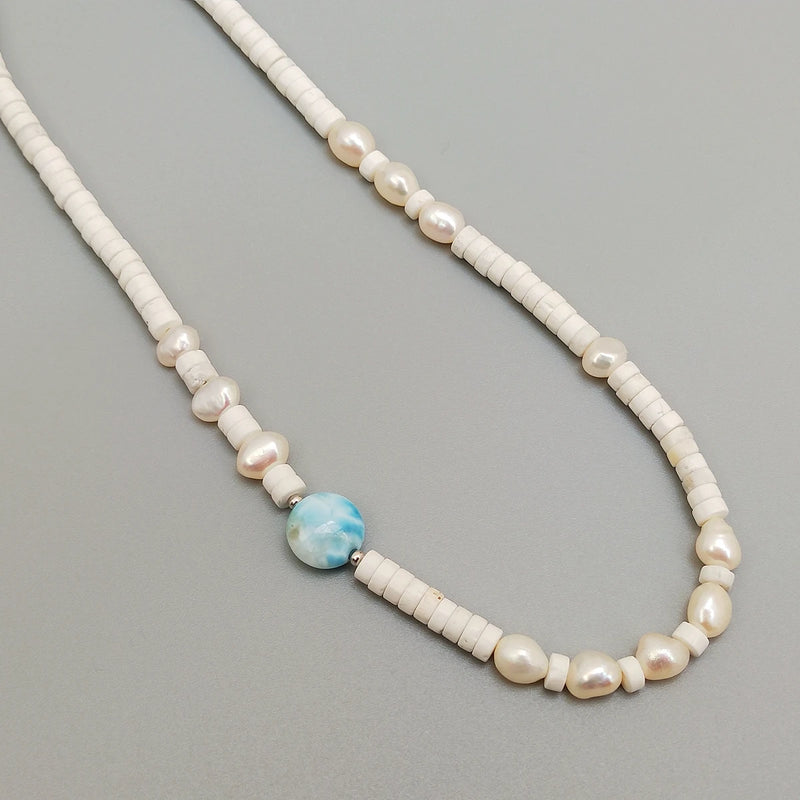 Howlite Larimar Baroque Pearl Necklace 925 Sterling Silver