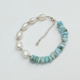 Real Pearl Larimar Beads 925 Sterling Silver Women Bracelet
