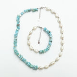 Real Pearl Larimar Beads 925 Sterling Silver Women Bracelet