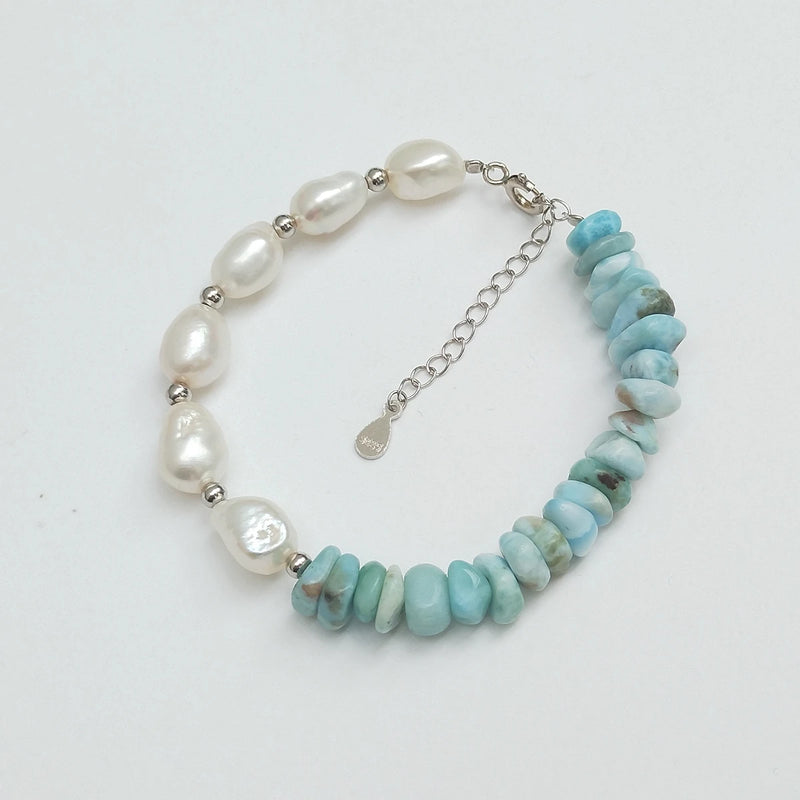 Real Pearl Larimar Beads Choker Necklace 925 Sterling Silver Women Jewelry