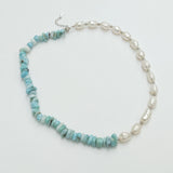 Real Pearl Larimar Beads Choker Necklace 925 Sterling Silver Women Jewelry
