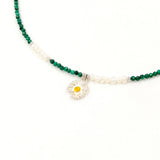 Green Malachite Pearl Daisy Pendant 925 Sterling Silver Choker Necklace