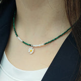 Green Malachite Pearl Daisy Pendant 925 Sterling Silver Choker Necklace