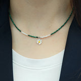 Green Malachite Pearl Daisy Pendant 925 Sterling Silver Choker Necklace