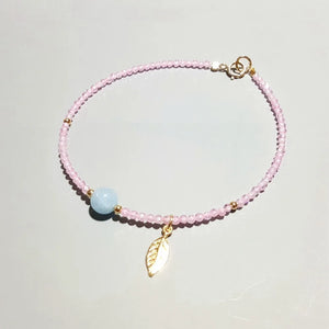 Natural Aquamarine Pink Zircon 925 Silver Leaf Charm Bracelet
