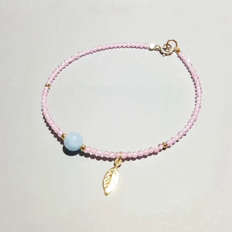 Natural Aquamarine Pink Zircon 925 Silver Leaf Charm Bracelet