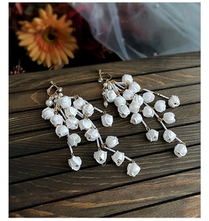 Lily of the Valley Flower Ear Clips Tassel Long Earrings
