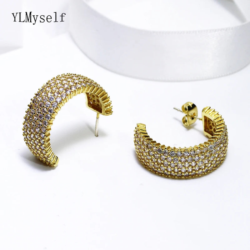 Wide CZ Hoop Earrings Plate Jewelry Half Round Earring for Women