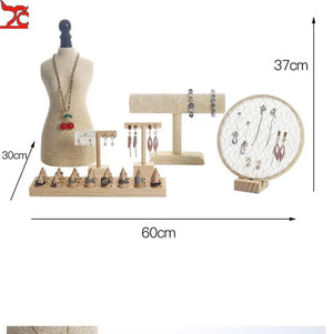 Linen Wooden Jewelry Display Bust Model Ring Stand Large Space