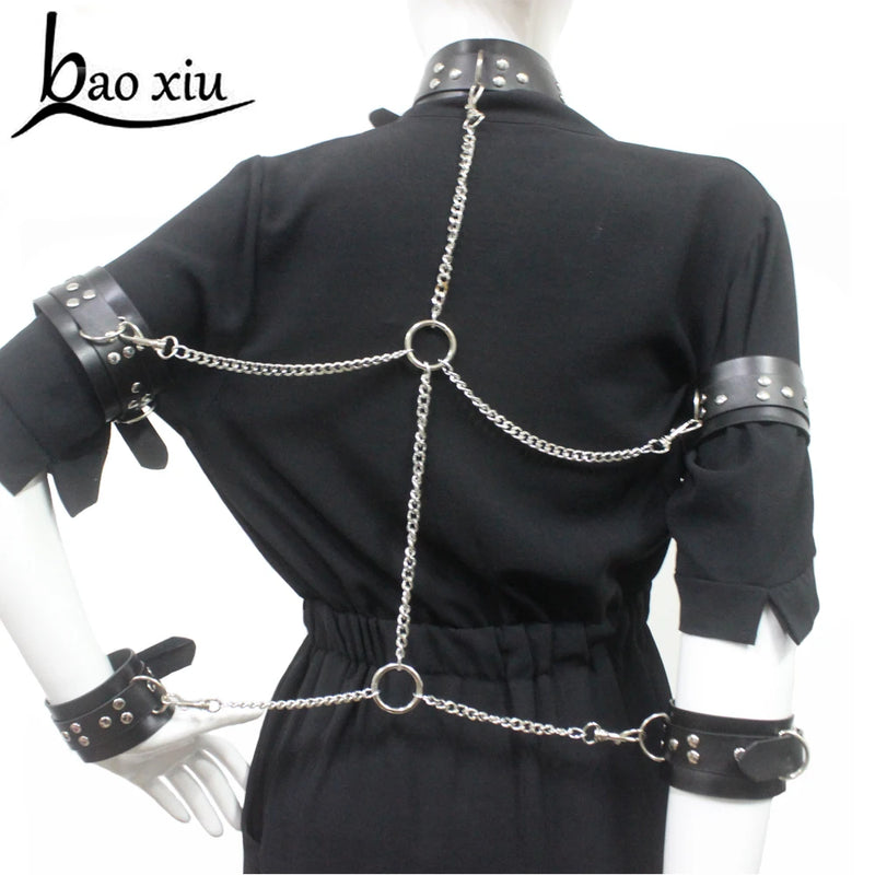 Vintage Goth Red Faux Leather Collar Chain Necklace Set