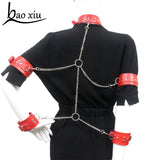 Vintage Goth Red Faux Leather Collar Chain Necklace Set
