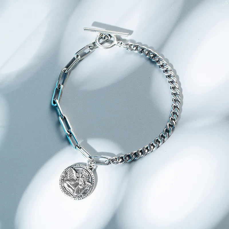 925 Silver Link Chain Angel Charm Bracelet for Women