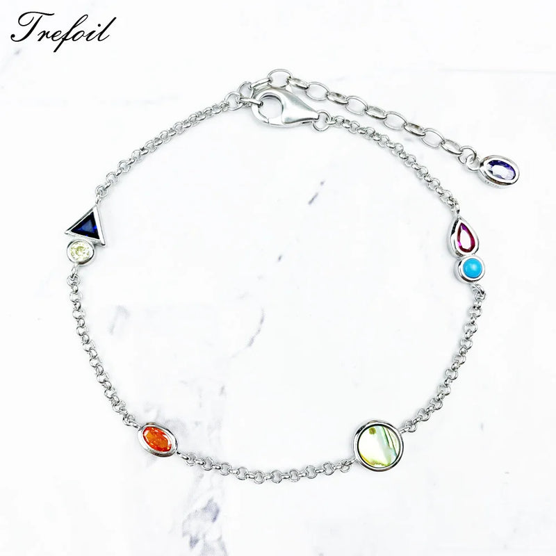 Link Chain Bracelet Colorful Stones 925 Sterling Silver Women Fine Jewelry