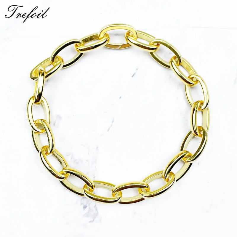 Golden Link Chain Bracelet 925 Sterling Silver Fine Jewelry