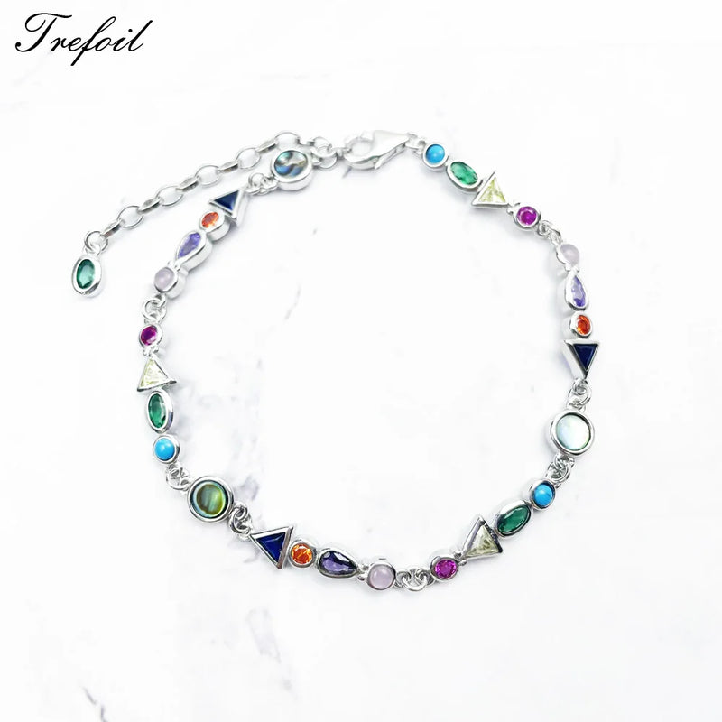 Colorful Stone 925 Silver Link Chain Bracelet