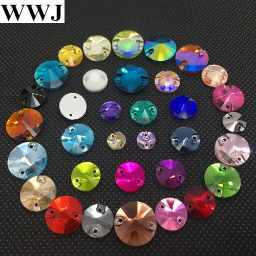 Round Rivoli Glass Crystal Sew-on Stone Flatback 2Holes Sewing Jewelry Bead