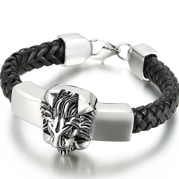 Lion Head Men's Leather Bracelet Stainless Steel Hand Accessories