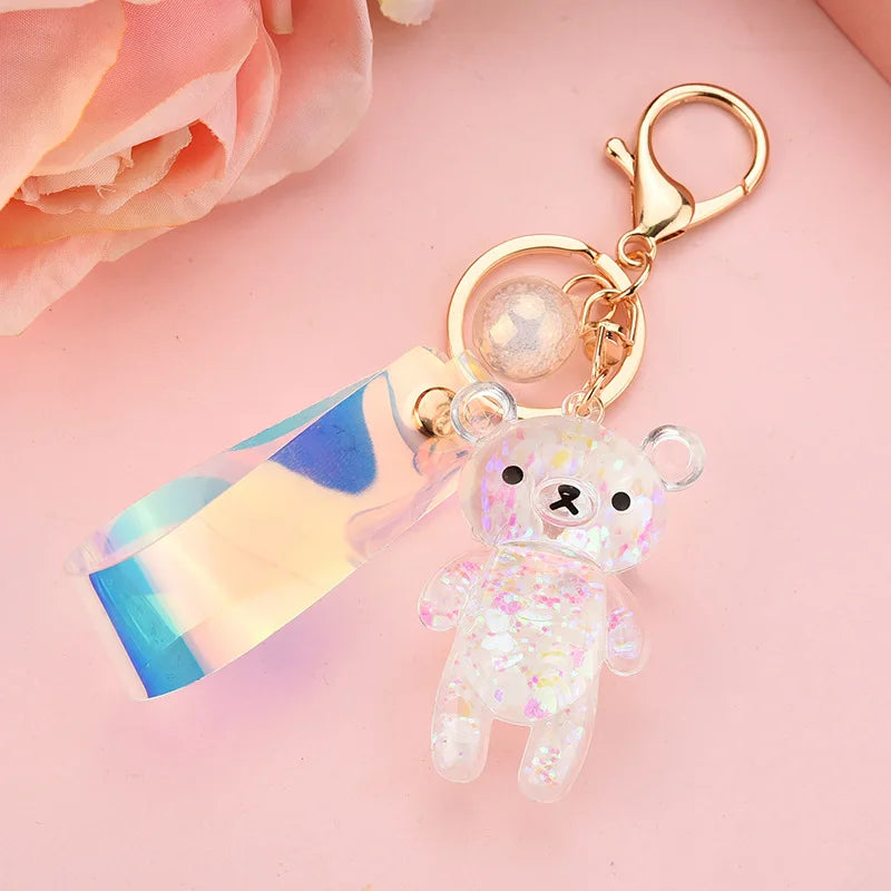 Glitter Bear Quicksand Keyring Acrylic Key Fob Pendant Couples Gift