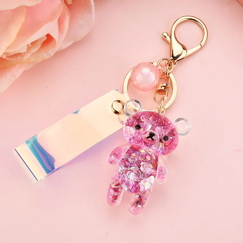 Glitter Bear Quicksand Keyring Backpack Pendant Acrylic Key Fob