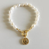925 Silver Pearl Beads Chain Bracelet for Women Queen Pendant