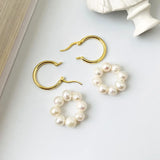 925 Silver Baroque Shell Pearl Hoop Earrings Women Circle Wreath Jewelry