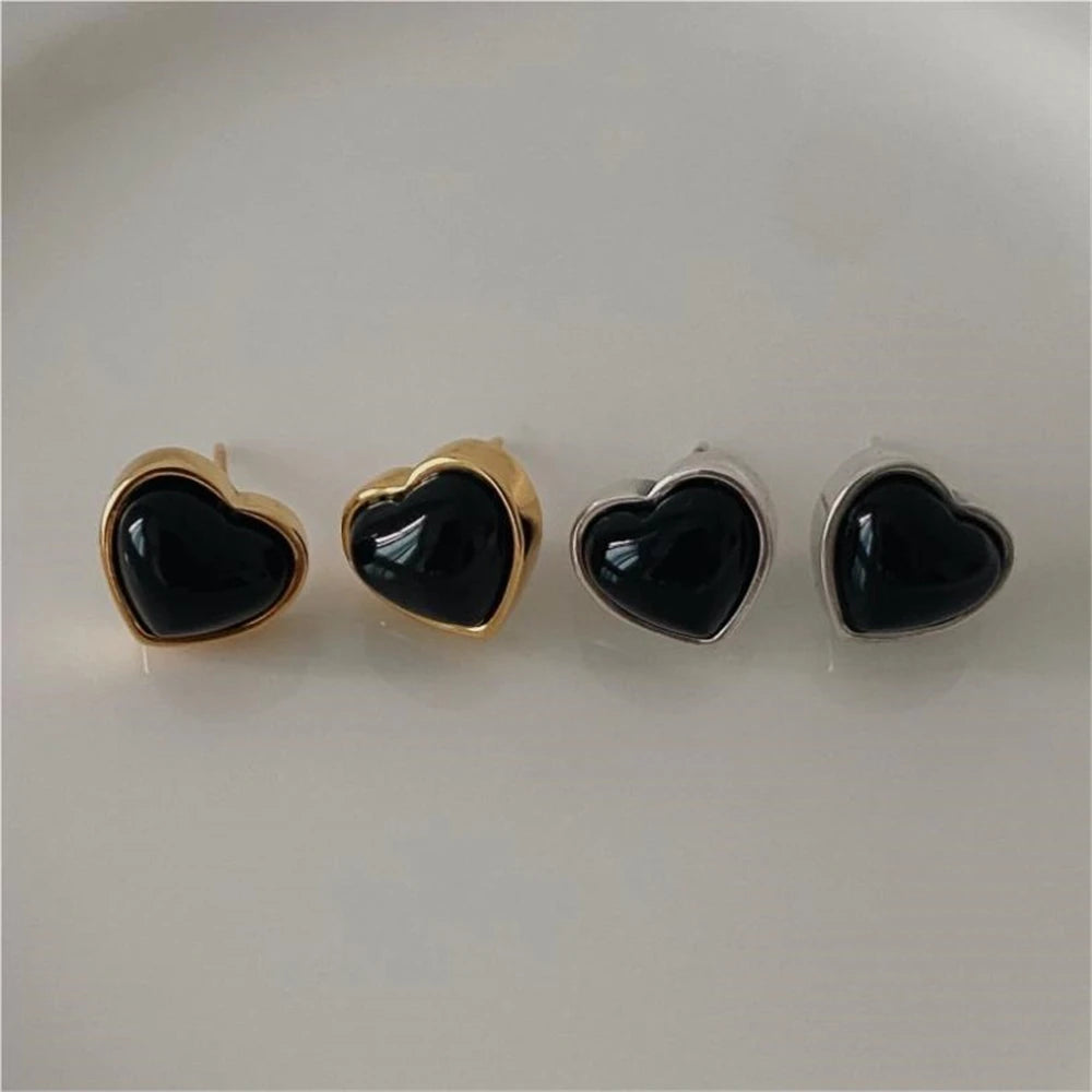 925 Silver Agate Heart Stud Earrings Vintage Jewelry