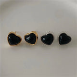 925 Silver Agate Heart Stud Earrings Vintage Jewelry