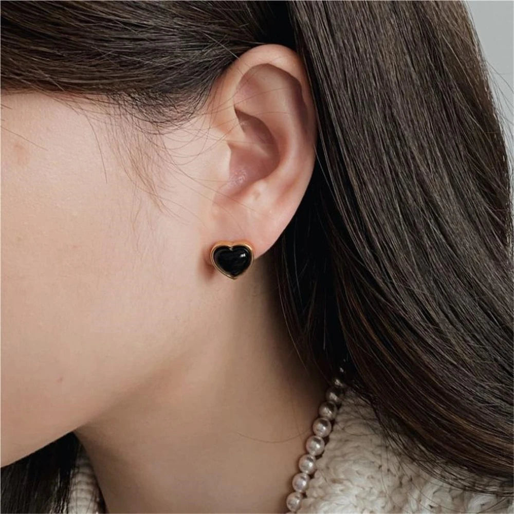 925 Silver Agate Heart Stud Earrings Vintage Jewelry