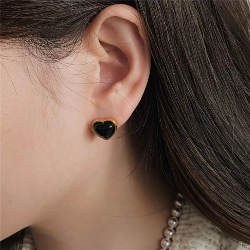 925 Silver Agate Heart Stud Earrings Vintage Jewelry