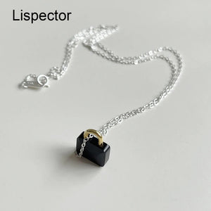 925 Silver Stone Lock Pendant Necklace Women Minimalist Jewelry