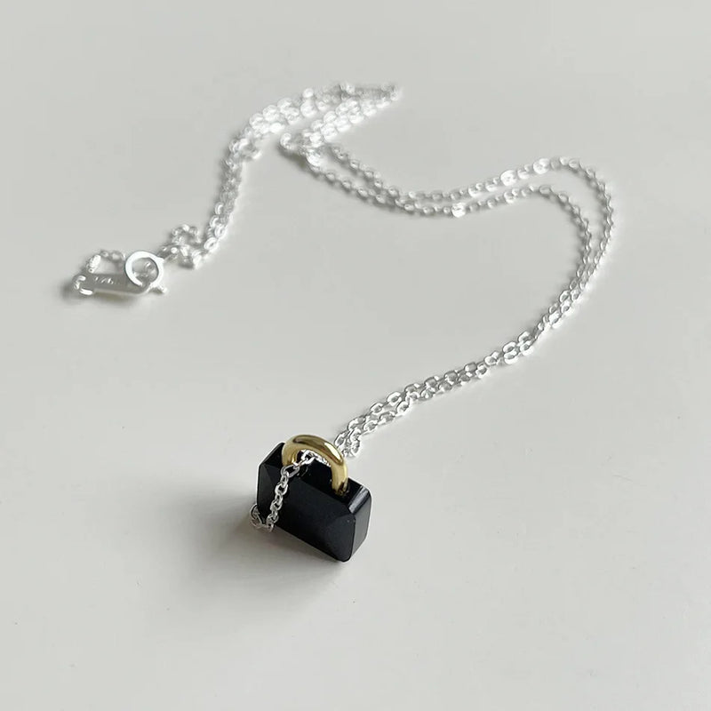 925 Silver Stone Lock Pendant Necklace Women Minimalist Jewelry