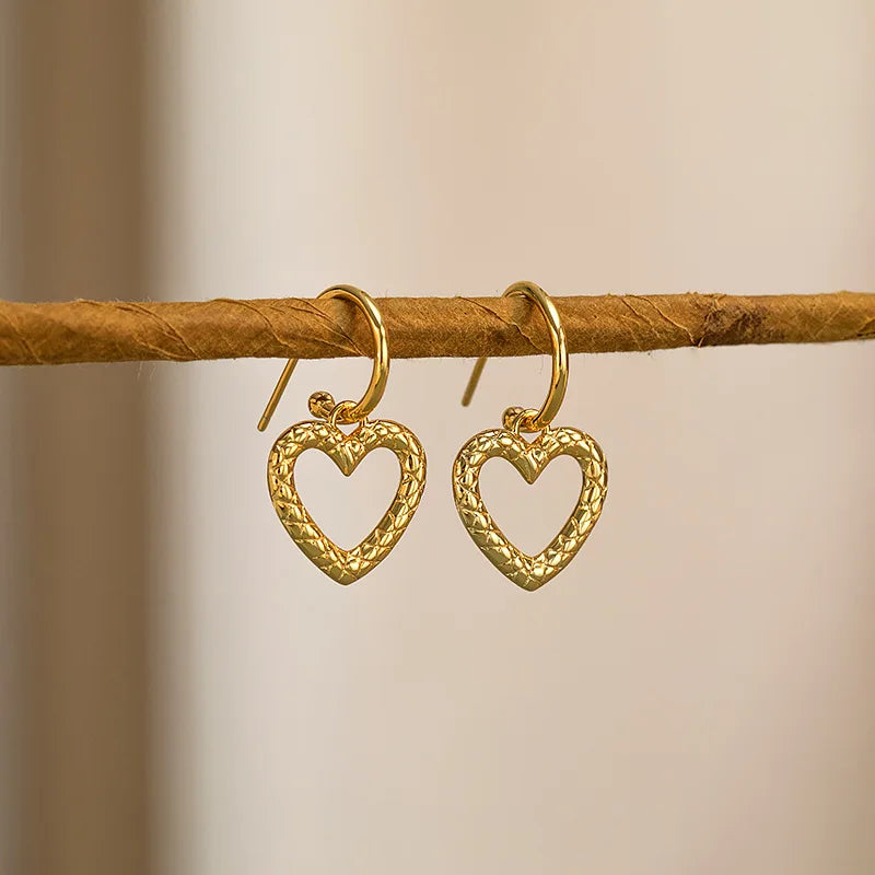 925 Silver Heart Drop Earrings Texture Jewelry