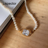 925 Silver French Pearl Beads Choker Necklace Geometric Zircon Pendant