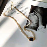 925 Silver French Pearl Beads Choker Necklace Geometric Zircon Pendant