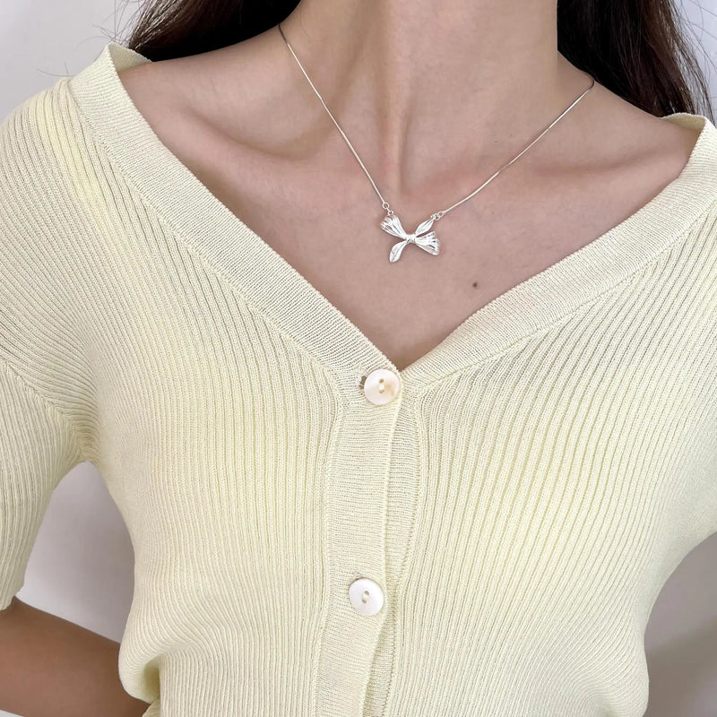 925 Silver Bowknot Pendant Necklace Minimalist Snake Chain Female Jewelry