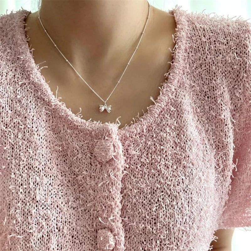 925 Silver Bowknot Pendant Necklace for Women Clavicle Chain