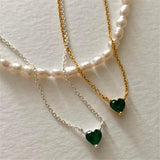 925 Silver Green Zircon Heart Pendant Necklace Women