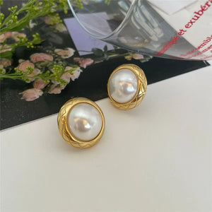 925 Silver Pearl Stud Earrings Geometric Pattern Women Jewelry