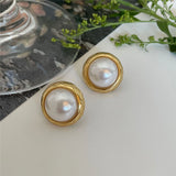 925 Silver Pearl Stud Earrings Geometric Pattern Women Jewelry