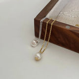 925 Silver Pearl Pendant Clavicle Chain Necklace Vintage Couple Jewelry