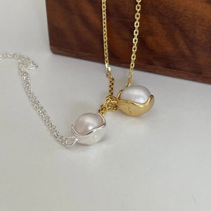 925 Silver Pearl Pendant Clavicle Chain Necklace Vintage Couple Jewelry