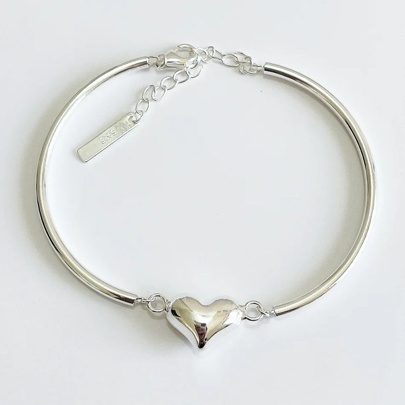 925 Silver Heart Charms Bracelets Minimalist Bangle Jewelry