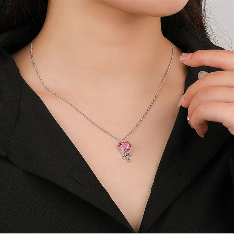 925 Silver Pink Zircon Heart Pendant Necklace for Women