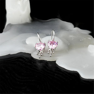 925 Silver Pink Zircon Heart Drop Earrings Wedding Jewelry