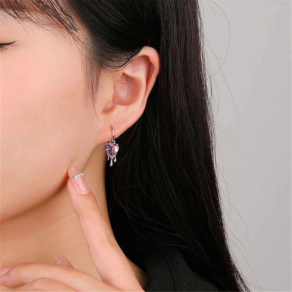 925 Silver Pink Zircon Heart Drop Earrings Wedding Jewelry