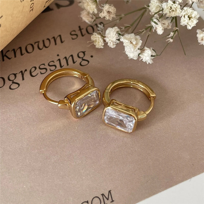 925 Silver Rectangular Zircon Hoop Earrings Geometric Circle Ear Jewelry