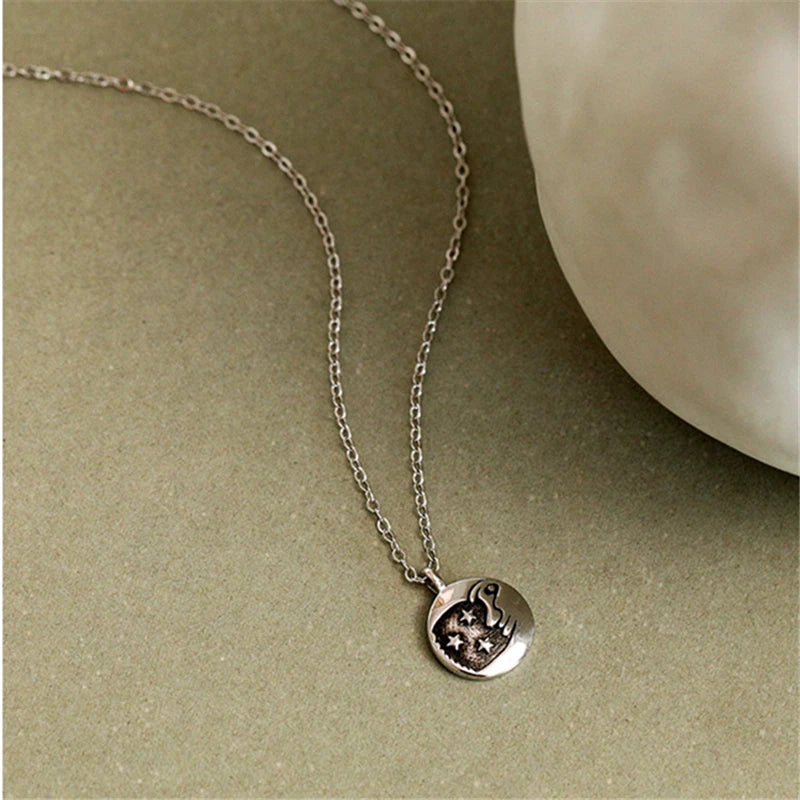 925 Silver Retro Boho Star Moon Pendant Necklace Women Vintage Jewelry