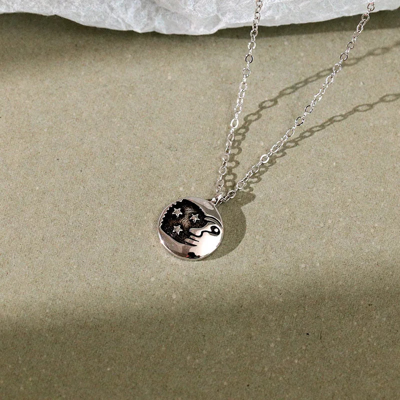 925 Silver Retro Boho Star Moon Pendant Necklace Women Vintage Jewelry
