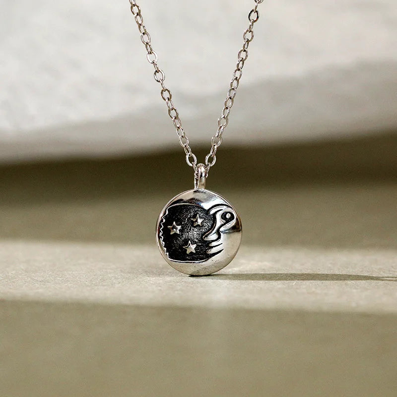 925 Silver Retro Boho Star Moon Pendant Necklace Women Vintage Jewelry