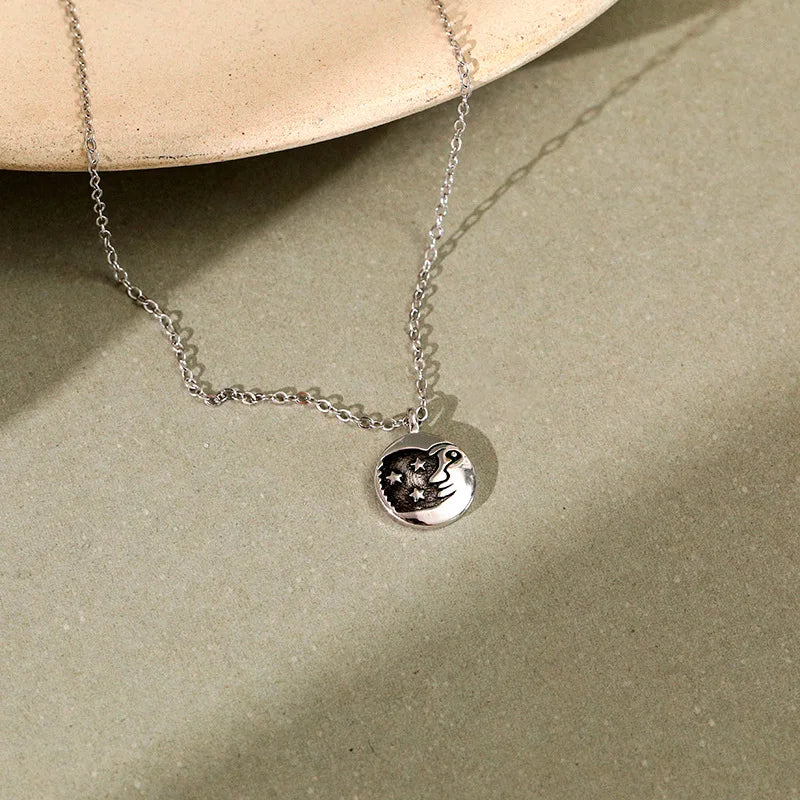 925 Silver Retro Boho Star Moon Pendant Necklace Women Vintage Jewelry
